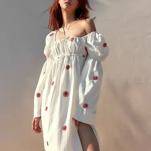 Emory Embroidered Midi Dress by Free People in White, Size: S Emory Embroidered Midi Dress by Free People in White, Size: S